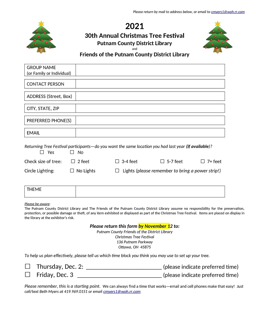 30th Annual Christmas Tree Festival Entry Form Putnam County District